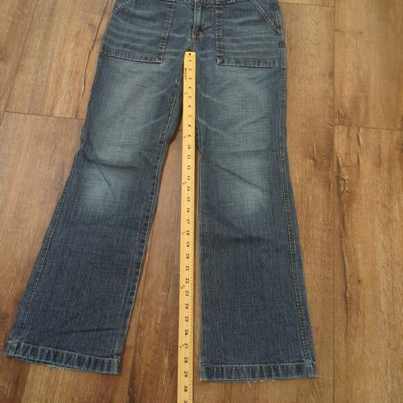 Y2K Hipster Women's Size 32x29 Flared Jeans Denim Blue Whiskered Wide Leg - Picture 5 of 9